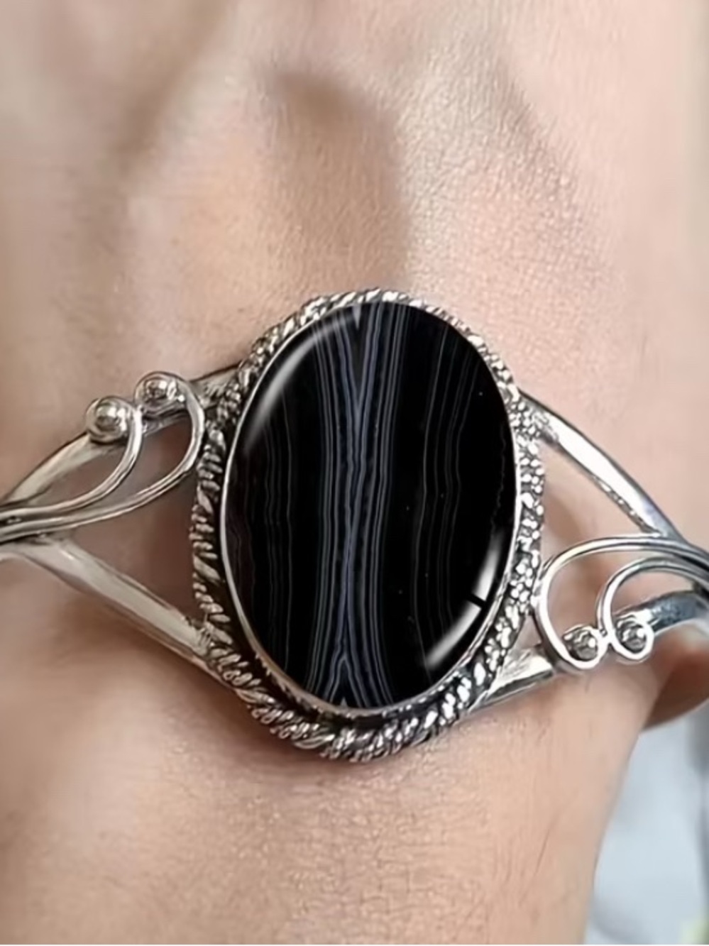 Silvertone Cuff Bracelet with Black Glass Stone